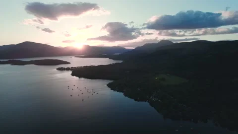 Sunset over Loch Lomond from a drone, Trossachs National Park, Southern Scotland Stock Footage 198761340