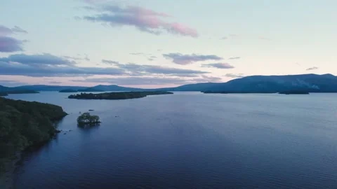 Sunset over Loch Lomond from a drone, Trossachs National Park, Southern Scotland Stock Footage 198762524