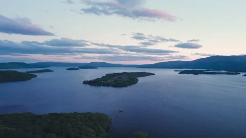 Sunset over Loch Lomond from a drone, Trossachs National Park, Southern Scotland Stock Footage 198763329