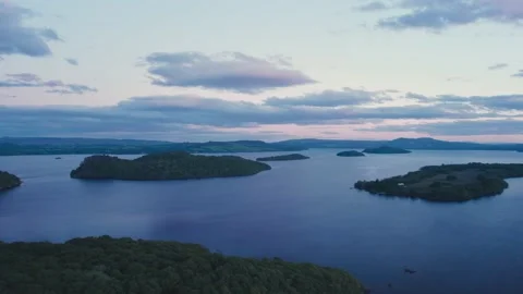 Sunset over Loch Lomond from a drone, Trossachs National Park, Southern Scotland 스톡 동영상 198764110