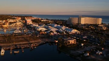 Sunset Over Lucaya Strip, Freeport Grand Bahama Drone View Stock Footage 86048044