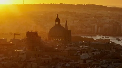 Sunset over main cathedral in Valletta, Malta island. Drone view Stock Footage 278055350