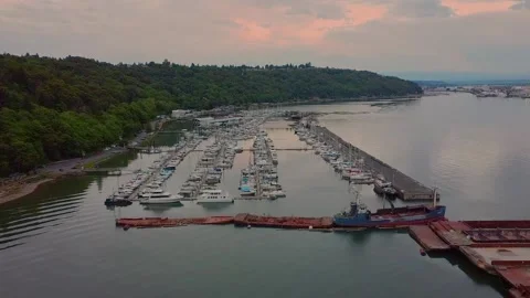 Sunset over marina arial view Video stock 133496767