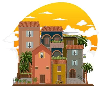 Sunset Over Mediterranean Buildings Ilustración de archivo