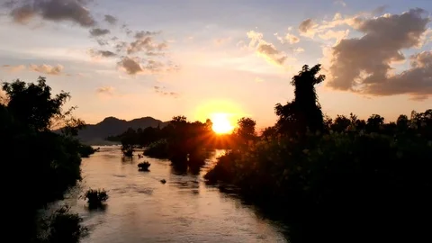 Sunset over mekong river at 4000 Islands, Don Det, Laos Stock Footage 74940199