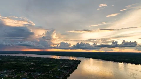 Sunset Over the Mekong River Aerial Drone Footage Stock Footage 336851626