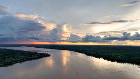 Sunset Over the Mekong River Aerial Drone Footage Stock Footage 336851661