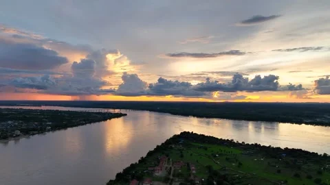 Sunset Over the Mekong River Aerial Drone Footage Stock Footage 336851761
