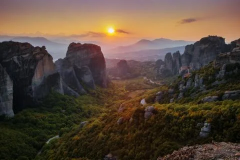 Sunset over Meteora mountains Stock Photos