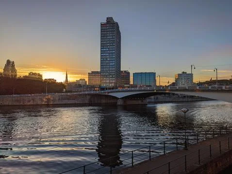 Sunset over the Meuse with skycraper in Lige, Belgium Stock Photos