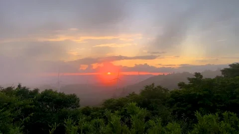 Sunset Over Misty Wind Farm in Mountain Landscape, Japan Stock Footage 339008701