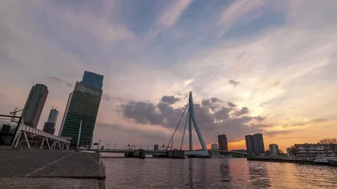 Sunset over Modern Bridge City Skyline Stock Footage 315879873