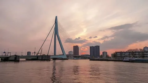 Sunset over Modern Bridge City Skyline, Timelapse. Rotterdam, The Netherlands Stock Footage 315879908