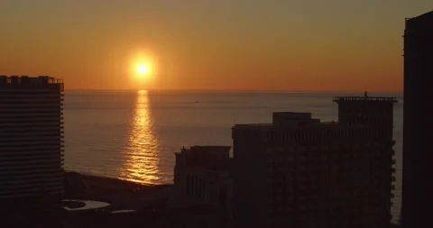 Sunset over modern city view from balcony or observation deck copy space Stock Footage 176174948