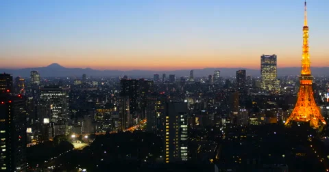 Sunset over Mount Fuji and twilight skies over Tokyo. Stock Footage 61519477