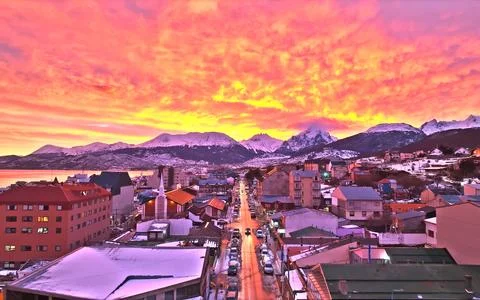 Sunset over the mountain in the evening Stock Photos