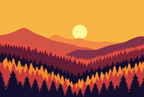 Sunset Over Mountain Forest Illustration