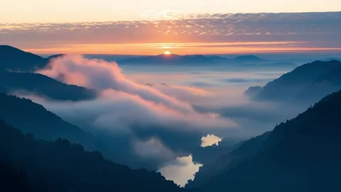 Sunset Over Mountain Hills with Moving Clouds and Fog, Aerial Landscape Stock Footage 332071572