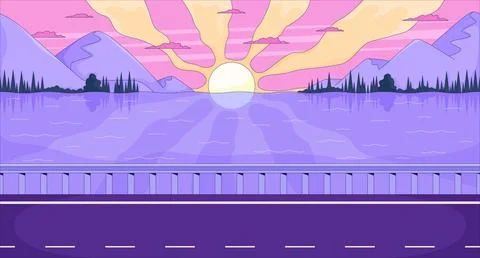 Sunset over mountain lake with roadside flat illustration background Ilustração Stock