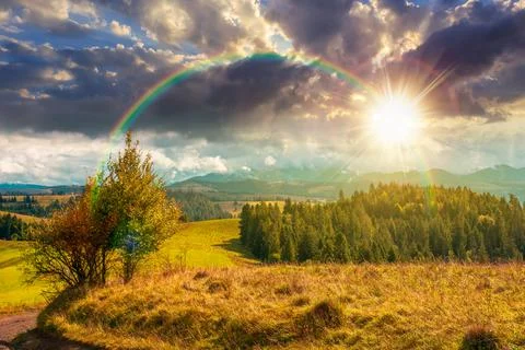 Sunset over mountain landscape in september Fotos Stock