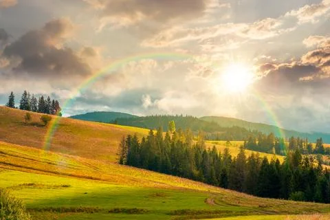 Sunset over mountain landscape in september Fotos Stock