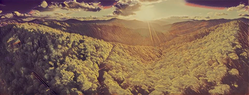Sunset over mountains and forest - digital artwork Stock Illustration