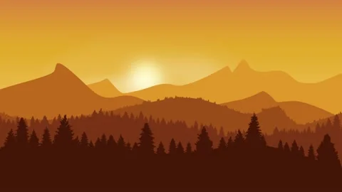 Sunset over the mountains and forests, parallax movement. Animated illustrati Stock Footage 206346730