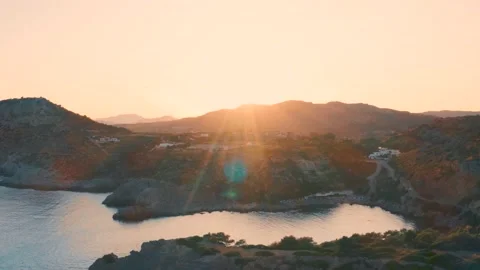 Sunset Over Mountains Beautiful Ocean Bay Morning Sunrise Drone Aerial Soft Stock Footage 154521614