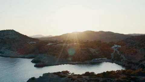 Sunset Over Mountains Beautiful Ocean Bay Morning Sunrise Drone Aerial Soft Stock Footage 154521618