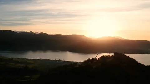 Sunset over the mountains behind Sihlsee in Switzerland (color corrected) Stock Footage 85665698
