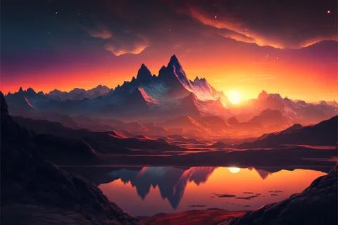 Sunset over mountains wallpaper Stock Illustration