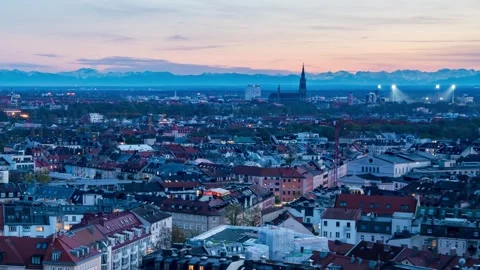 Sunset Over Munich Historic Center Skyline Aerial Timelapse Video stock 261812214