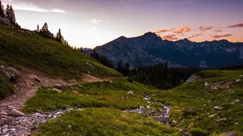 Sunset over Naches Peak Loop Trail, Mount Rainier National Park Stock Footage 332141663