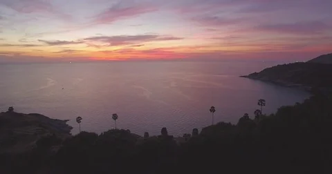 Sunset Over Nai Harn Bay And Promthep Cape, Phuket, Thailand, Aerial Pan Shot Video stock 80276706