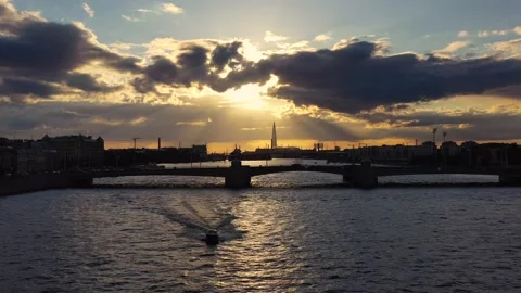 Sunset over the Neva River in St. Petersburg Stock Footage 139853289