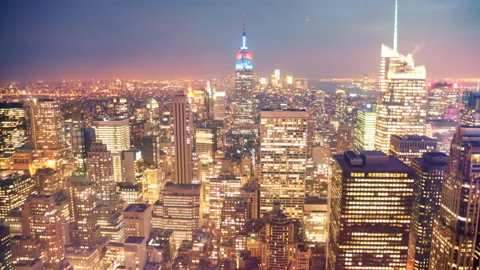 Sunset over New York's skyline, view from the top of the Rock Stock Footage 124314566
