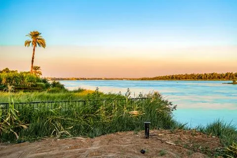 Sunset over the nile and between the palms Stock Photos
