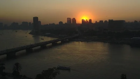 Sunset over the Nile, Downtown Cairo Stock Footage 122299725