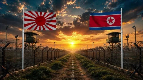 Sunset over North Korean border with flags waving. Stock Footage 340418713