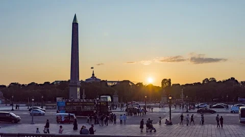 Sunset over Obelisk on place de la Concorde - Paris Stock Footage
