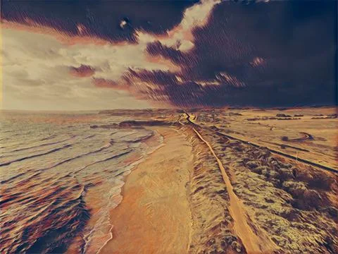Sunset over ocean coastline - stylized digital artwork Stock Illustration