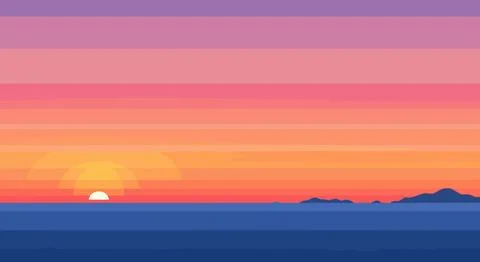 Sunset over the ocean with a mountain in the distance Stock Illustration