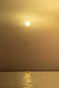Sunset over the Ocean with Mountains in the Background, Tunisia Stock Photos