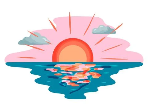 Sunset Over Ocean Pink Sky Clouds Illustration イラスト素材