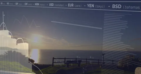 Sunset over ocean reaching horizon activating overlay cycling ticker graph Stock-Footage 310971442