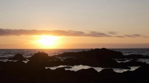 Sunset over ocean with rocks and birds flying in silhouette. Stock Footage 115757428