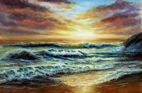 Sunset over ocean shore 库存插图