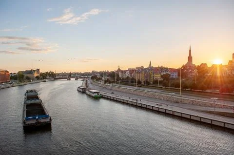 Sunset over Oder River in Szczecin, Poland Stock Photos