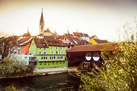 Sunset over the old town of Baden city in Switzerland Stock Photos