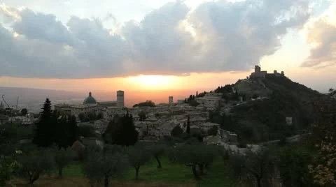 Sunset over Olive groves Assisi Stock Footage